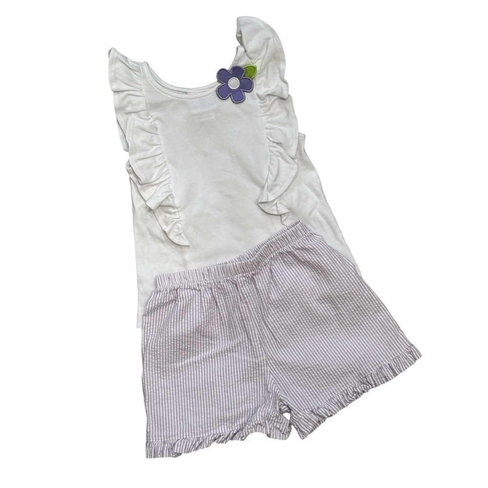 Florence Eiseman Girl’s Summer Two Piece Set Shorts Purple Flower Appliqué